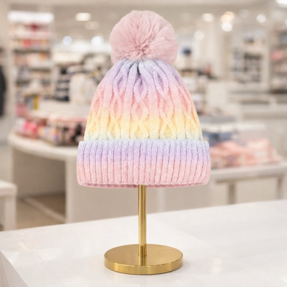 Pastel Rainbow Ombre Cable Knit‎ Beanie with Faux Fur Pom Pom Pink Lavender Hat